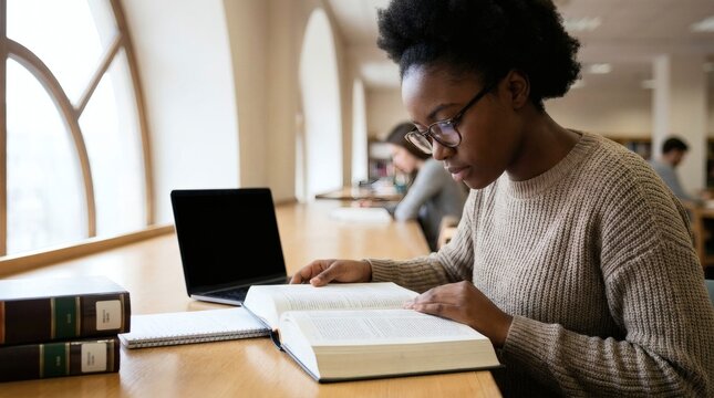 Young focused Black female student reading a large book at a library desk with laptop nearby.