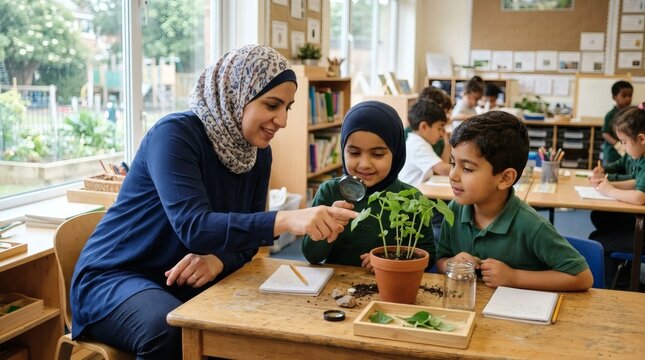 Muslim female teacher showing potted plant leaf to young students in primary school classroom lesson.