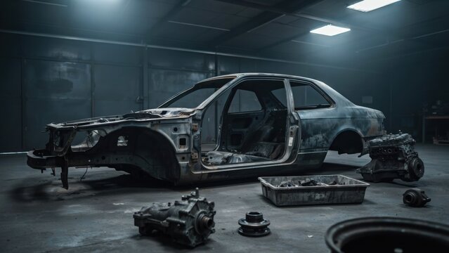 Stripped car chassis and engine parts in a dark industrial workshop