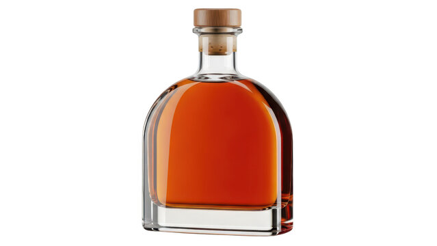 A glass bottle of amber whiskey or dark rum with a wooden cork stopper