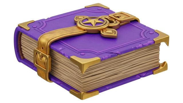 Old purple magic book with golden metal lock and decorative corners