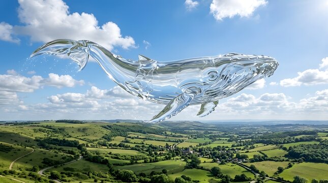 An ethereal  glass like whale composed of flowing water soars over rolling hills and verdant fields beneath a clear sky dotted with soft clouds