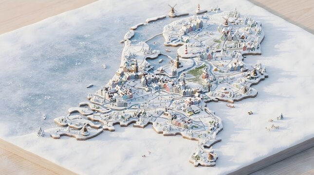 White textured 3D map of the Netherlands on a snowy surface, offering a clean geographical visualization with raised terrain and realistic winter details.