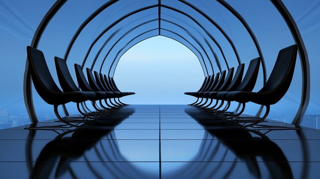 Futuristic waiting area with chairs and glass tunnel.
