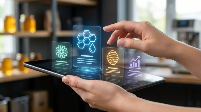 Advanced Beekeeping Technology Featuring a Digital Tablet with Holographic Interface for Honey Production Monitoring and Data Analysis Visualization