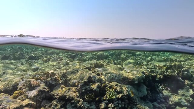 Snorkeling in Marsa Alam, shallow water above coral covered rocks, few fish swim by, shore visible in distance