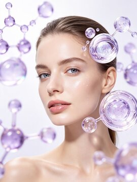 Elegant female beauty model with purple serum molecular elements