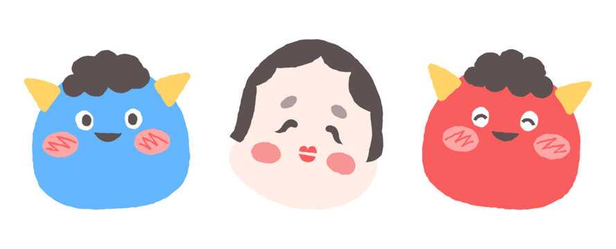 青鬼・赤鬼・お多福の顔だけのイラストセット
