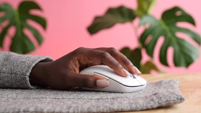 Woman clicking white computer mouse on office desk with pink background