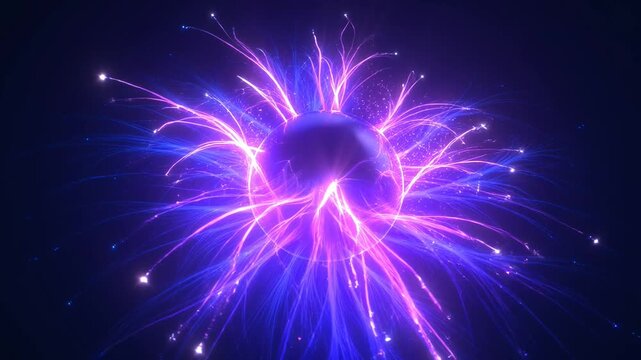 Abstract Energy Burst: A stunning abstract digital artwork depicts a vibrant explosion of glowing purple and blue energy, radiating outward like cosmic tendrils against a dark, atmospheric background.