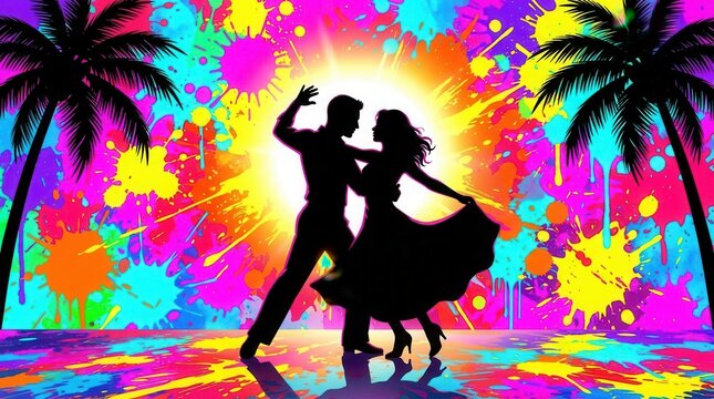 Silhouette of a couple dancing salsa with a vibrant tropical sunset background