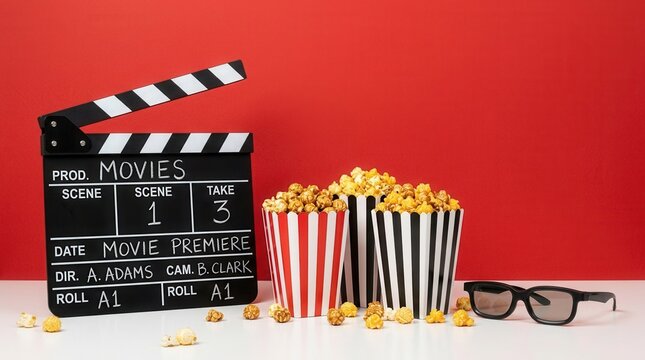 Movie premiere gathering setting with striped boxes of caramel and cheese popcorn, 3D glasses, and a clapperboard displayed against a vibrant red wall.