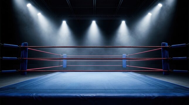 Bright spotlights shine on an empty wrestling ring prepared for an upcoming match