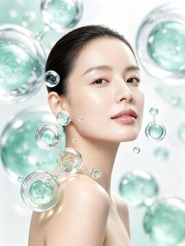 Female beauty model with skincare molecules and serum bubbles