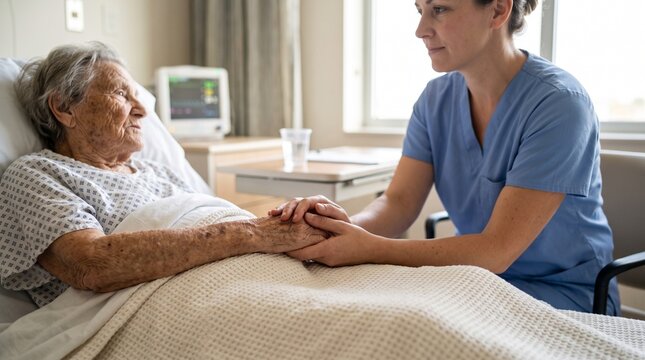 Compassionate nurse holding hands and comforting elderly female patient in a hospital room bed