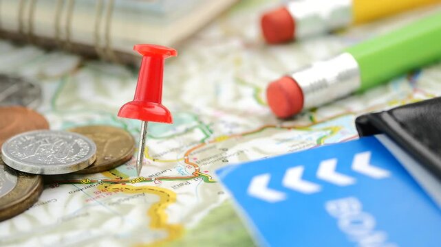 Macro view of travel planning with red push pin on map and boarding pass in wallet