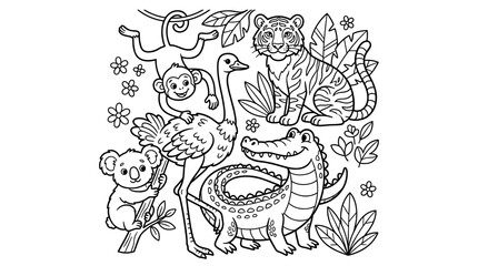 Obraz premium Cute cartoon animals including tiger, monkey, ostrich, crocodile, and koala in a playful jungle scene with leaves and flowers