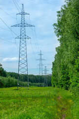 Obraz premium A high‑voltage power transmission line amidst the forest.