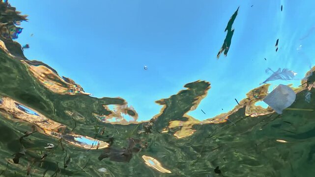 Garbage and rubbish floating on sea surface, underwater video from below, clear sky above