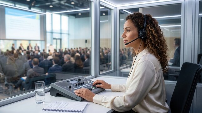 Female interpreter operating translation console in soundproof booth at a professional conference