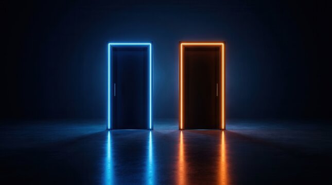 Two doors leading to different paths featuring vibrant blue and orange neon lights