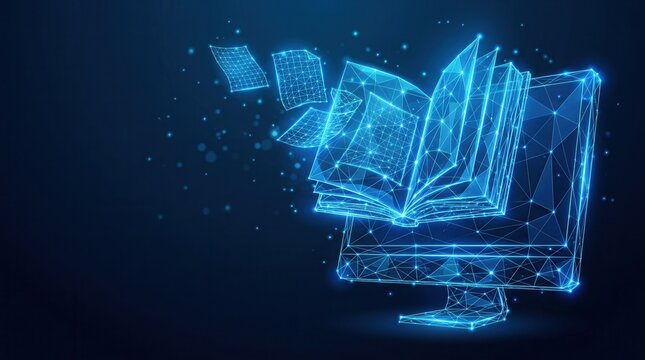 Digital library and e-learning platforms concept with a glowing digital book on a computer monitor in a blue low poly wireframe mesh banner.