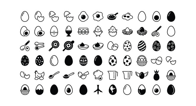 Collection of flat vector egg and breakfast related icons on white background