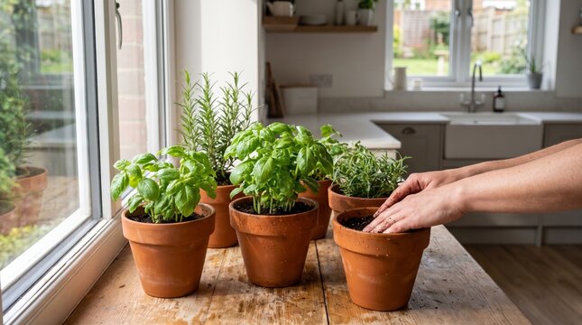 Hands planting fresh green culinary herbs in terracotta pots on a bright rustic wooden kitchen table