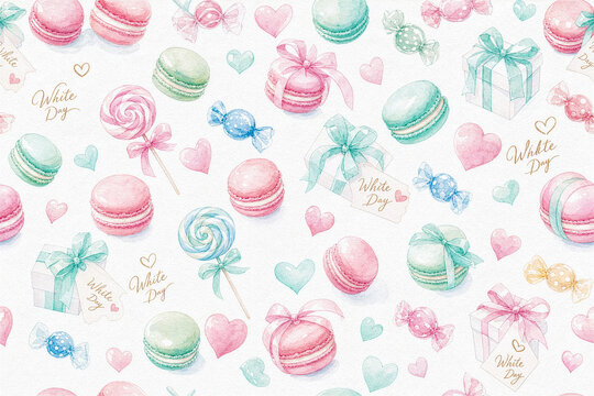 White Day 046 Watercolor Seamless Pattern of White Day Gift Boxes Macarons Sweets and Lollipops on White Background（白背景に描かれた水彩のホワイトデー用ギフトボックスとマカロンと洋菓子のシームレスパターン）