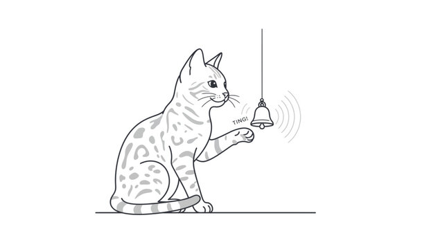 Tiger cat pawing at a hanging bell in a minimalist white background for pet training visuals