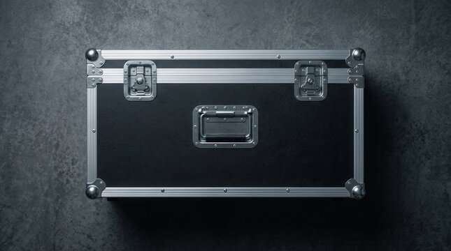 Professional black road case with reinforced metal corners on a concrete wall background
