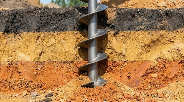 Detailed view of an auger drilling into layered soil cross-section, showing distinct earth strata and geological layers