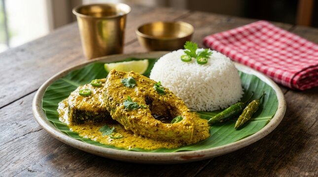 A serving of rice with traditional Bengali Shorshe Ilish mustard hilsa fish curry.