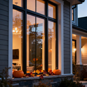 Modern suburban house window sill decorated for Halloween with orange pumpkins, autumn maple leaves, and warm indoor lighting at duskModern suburban house window sill decorated for Halloween with oran