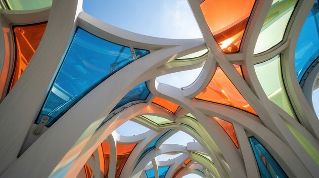 Abstract modern architecture with sunlight streaming through colorful glass panels