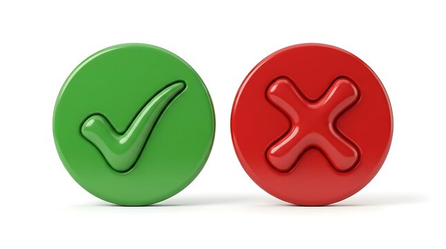3D Render of Green Checkmark and Red Cross Symbols.