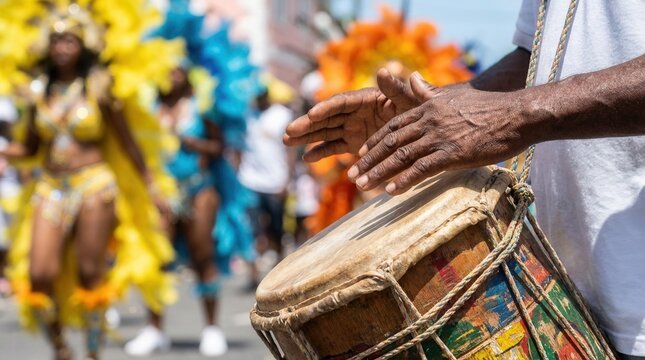 Traditional Goombay drum being played by hands during a colorful Junkanoo festival parade