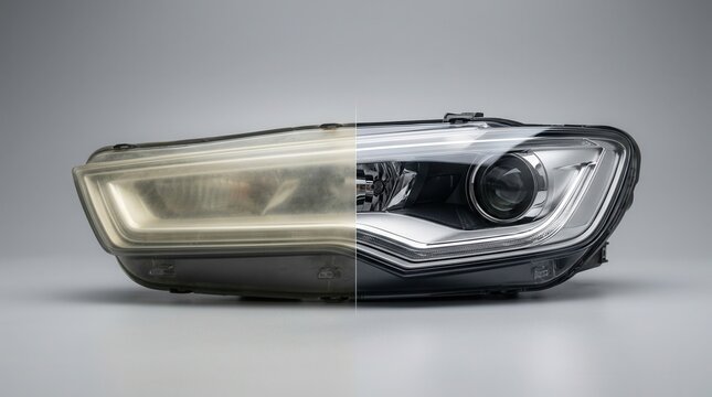 Professional automotive headlight restoration demonstrating before and after outcomes.