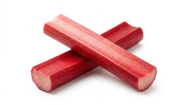 Freshly cut red rhubarb stems on white background with clipping path.