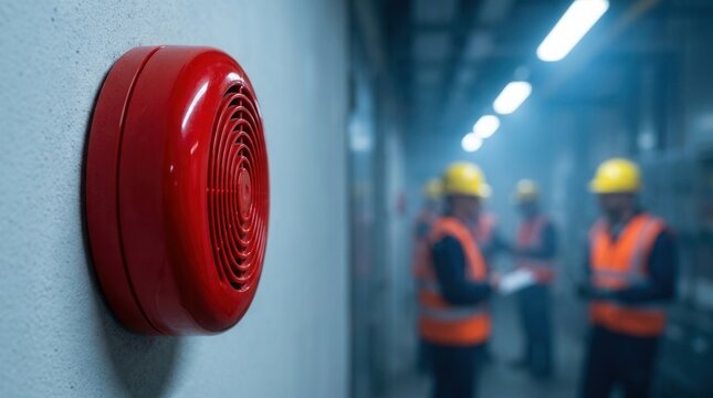 Red horn strobe fire alarm device mounted on the wall