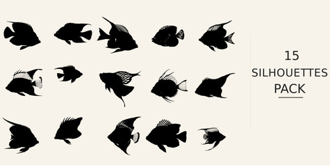Fototapeta premium Angelfish Swimming Silhouette - Three Quarter View Bold Black Shape Black Vector Clipart on White Background