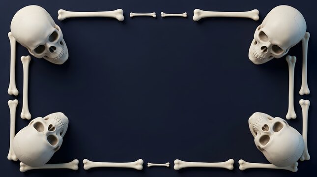 Four human skulls and bones arranged as a rectangular frame