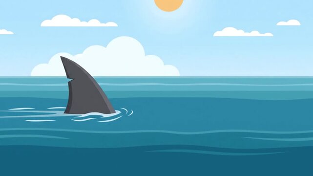 Shark fin swimming in blue ocean with sunny sky and clouds