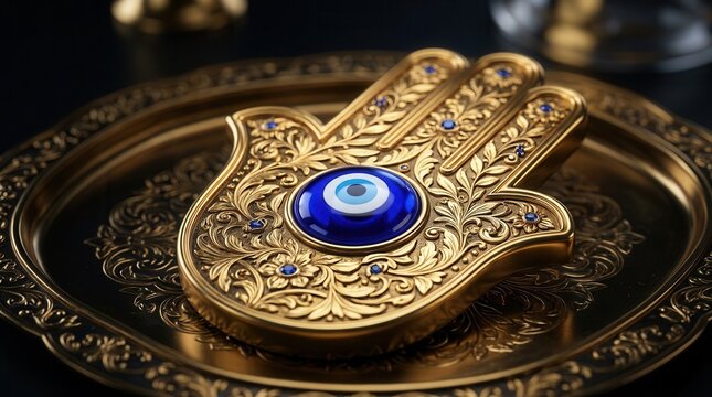 Intricate golden hamsa hand adorned with an evil eye amulet.