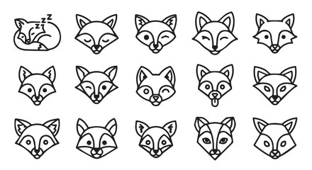 Fototapeta premium Cute fox faces with different expressions in a simple line art style on a white background