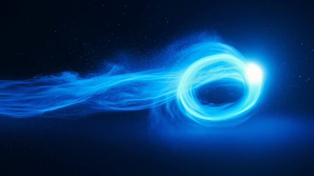 Cosmic Swirl of Energy: A vibrant, glowing blue vortex of energy trails across the darkness of space, with luminous particles scattered around a bright central light source.