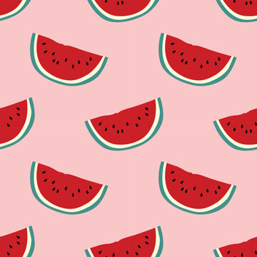 Watermelon seamless pattern. Trendy summer background. Vector illustration in hand drawn flat style. Vector design for wrapping paper, fabric, or digital wallpapers.