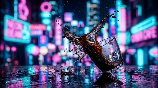 A captivating image of a coffee cup amidst the vibrant glowing lights of a bustling city nightlife scene