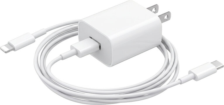 White smartphone charger with USB cable on transparent background