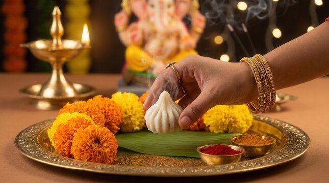 Close-up of a hand arranging steamed modak on a traditional pooja thali for Ganesh Chaturthi.